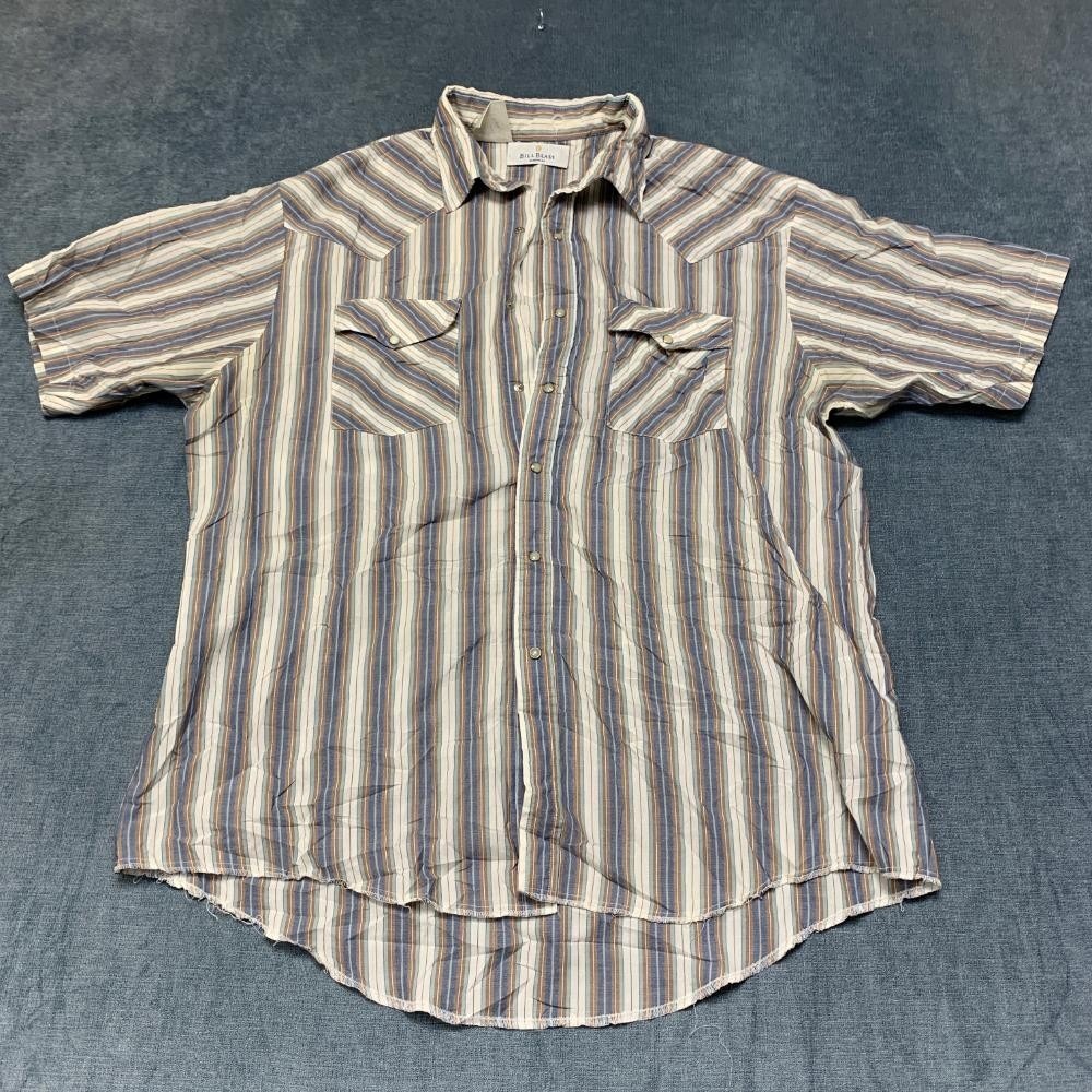 Vintage Bill Blass Western Shirt Mens Large Beige Blue Striped Cotton Cowboy